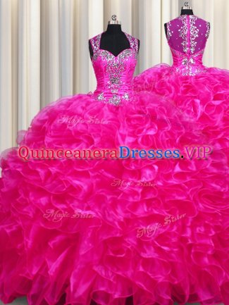 Customized Zipper Up See Through Back Fuchsia Ball Gown Prom Dress Military Ball and Sweet 16 and Quinceanera with Beading and Ruffles Straps Sleeveless Sweep Train Zipper