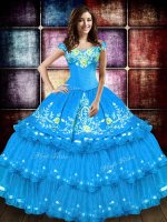 Baby Blue Sleeveless Embroidery and Ruffled Layers Floor Length Sweet 16 Dress