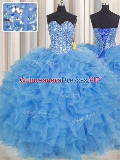 Visible Boning Baby Blue Organza Lace Up Sweetheart Sleeveless Floor Length Ball Gown Prom Dress Beading and Ruffles and Sashes ribbons - Click Image to Close