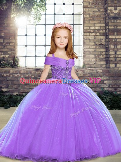 Trendy Tulle Straps Sleeveless Brush Train Lace Up Beading High School Pageant Dress in Lavender - Click Image to Close