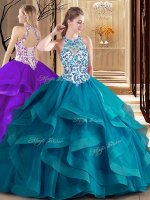 Scoop Teal Tulle Lace Up Quince Ball Gowns Sleeveless Brush Train Embroidery and Ruffles