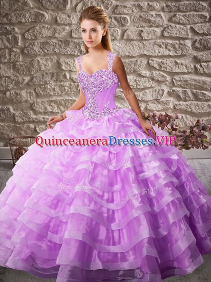 Lilac Straps Neckline Beading and Ruffled Layers Quince Ball Gowns Sleeveless Lace Up - Click Image to Close