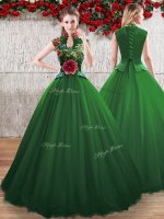 Green A-line Hand Made Flower Quinceanera Gown Lace Up Tulle Sleeveless Floor Length