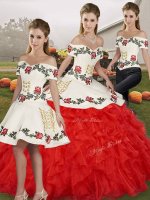Simple White And Red Off The Shoulder Neckline Embroidery and Ruffles Vestidos de Quinceanera Sleeveless Lace Up(SKU SJQDDT2140007BIZ)