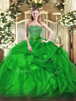 Green Strapless Lace Up Beading and Ruffles Quince Ball Gowns Sleeveless