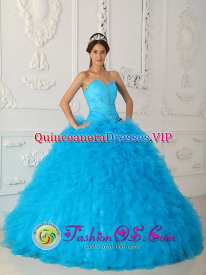 Paragould Arkansas/AR Discount Teal Quinceanera Dress Sweetheart Satin and Organza With Beading Small Ruffled Ball Gown - Click Image to Close