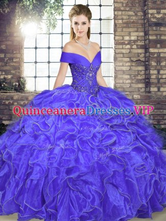 Off The Shoulder Sleeveless Ball Gown Prom Dress Floor Length Beading and Ruffles Lavender Organza