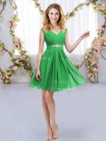 Green Empire V-neck Sleeveless Chiffon Mini Length Zipper Belt Court Dresses for Sweet 16