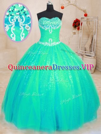 Floor Length Turquoise Vestidos de Quinceanera Tulle and Sequined Sleeveless Beading and Appliques