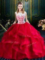 Tulle Square Sleeveless Brush Train Zipper Lace and Ruffles 15 Quinceanera Dress in Red