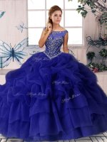 Amazing Purple Ball Gowns Scoop Sleeveless Organza Brush Train Zipper Beading and Pick Ups Quinceanera Dresses
