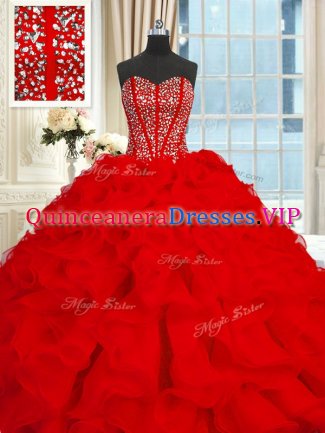 Attractive Organza Sweetheart Sleeveless Brush Train Lace Up Beading and Ruffles 15th Birthday Dress in Red