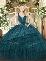 Glorious Teal Ball Gowns Organza and Taffeta Straps Sleeveless Beading and Embroidery and Ruffled Layers Floor Length Zipper Vestidos de Quinceanera