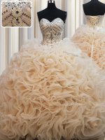 Champagne Juniors Party Dress Military Ball and Sweet 16 and Quinceanera with Beading Sweetheart Sleeveless Brush Train Lace Up