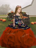 Floor Length Lace Up Little Girls Pageant Dress Rust Red for Party and Wedding Party with Embroidery and Ruffles