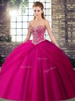 Brush Train Ball Gowns 15 Quinceanera Dress Fuchsia Sweetheart Tulle Sleeveless Lace Up
