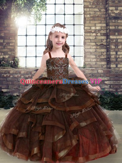 Brown Straps Neckline Beading and Ruffles Girls Pageant Dresses Sleeveless Lace Up - Click Image to Close