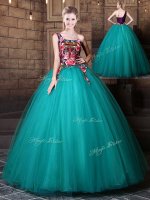 Teal Ball Gowns Tulle One Shoulder Sleeveless Pattern Floor Length Lace Up Quinceanera Dresses