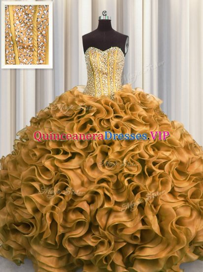 Visible Boning Gold Organza Lace Up Sweetheart Sleeveless Floor Length Quinceanera Gowns Beading and Ruffles - Click Image to Close