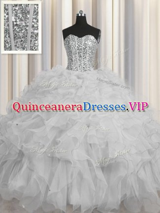 Attractive Visible Boning Sweetheart Sleeveless Tulle Sweet 16 Dress Beading and Ruffles and Sequins Lace Up