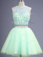 Knee Length Apple Green Quinceanera Court Dresses Scoop Sleeveless Lace Up