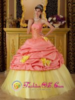 Bethlehem Pennsylvania/PA Colorful Hand Made Flowers and Pick-ups For Watermelon and Yellow Strapless Quinceanera Dress With Taffeta and Tulle Appliques