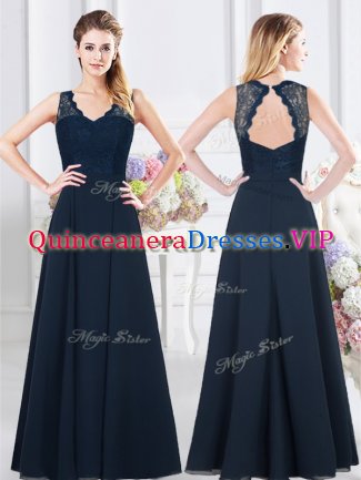 On Sale Navy Blue V-neck Backless Lace and Ruching Vestidos de Damas Sleeveless