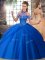Brush Train Ball Gowns 15th Birthday Dress Blue Halter Top Tulle Sleeveless Lace Up