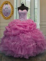 Pretty Rose Pink Organza Lace Up Quinceanera Dress Sleeveless Floor Length Beading and Ruffles and Pick Ups(SKU PSSW005-12BIZ)