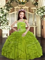 Olive Green Ball Gowns Beading and Ruffles Kids Pageant Dress Lace Up Tulle Sleeveless Floor Length
