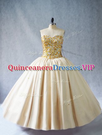 Fine Champagne Ball Gowns Tulle Sweetheart Sleeveless Beading Floor Length Lace Up Ball Gown Prom Dress