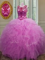 Scoop Sleeveless 15 Quinceanera Dress Floor Length Beading and Ruffles Lilac Tulle