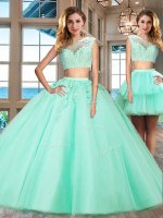 Two Pieces Sweet 16 Dress Apple Green Bateau Tulle Cap Sleeves Floor Length Zipper