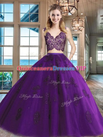 Simple Purple Sweet 16 Dresses Military Ball and Sweet 16 and Quinceanera with Lace and Appliques V-neck Sleeveless Zipper - Click Image to Close