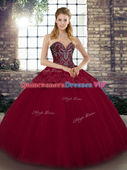 Unique Floor Length Burgundy Quinceanera Gown Tulle Sleeveless Beading and Appliques - Click Image to Close