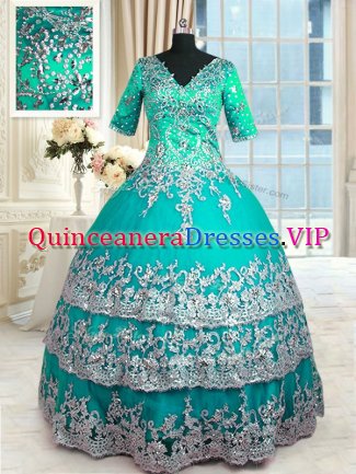 Ruffled V-neck Half Sleeves Zipper Quinceanera Dresses Turquoise Satin