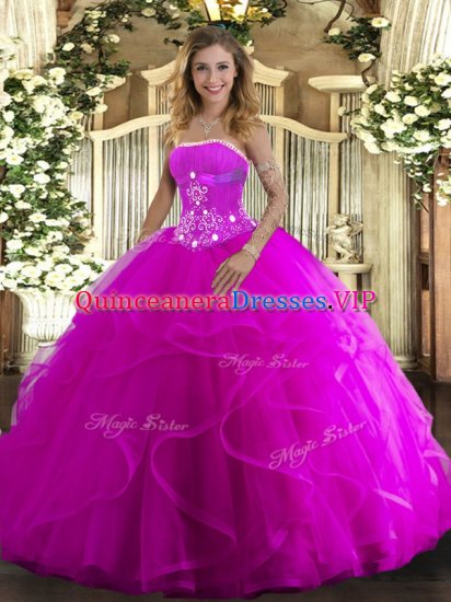 Classical Fuchsia Ball Gowns Tulle Strapless Sleeveless Beading and Ruffles Floor Length Lace Up Vestidos de Quinceanera - Click Image to Close
