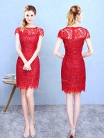 Knee Length Red Quinceanera Court Dresses Bateau Short Sleeves Zipper