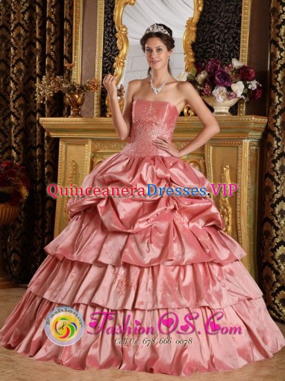 Watermelon Red For Discount Floor-length Quinceanera Dress With Strapless Pick-ups and Beading in Spartanburg South Carolina S/C - Click Image to Close