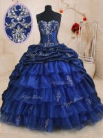 Fitting Royal Blue Organza and Taffeta Lace Up Sweetheart Sleeveless With Train 15th Birthday Dress Brush Train Beading and Ruffled Layers and Pick Ups