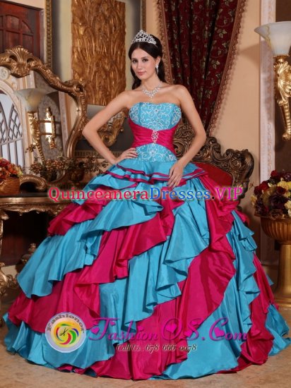 Embroidery Decorate With Discount Aqua Blue and Red Quinceanera ball gown in McAllen Texas/TX - Click Image to Close
