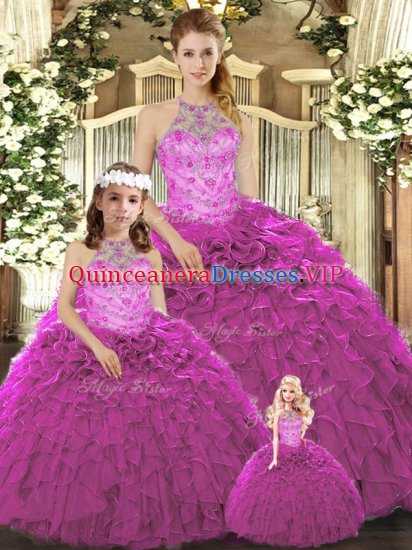 Fuchsia Lace Up Halter Top Beading and Ruffles Quinceanera Gowns Organza Sleeveless - Click Image to Close