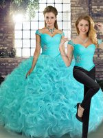 Aqua Blue Fabric With Rolling Flowers Lace Up Ball Gown Prom Dress Sleeveless Floor Length Beading