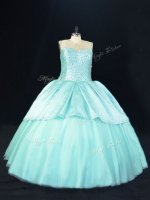 Beautiful Aqua Blue Ball Gowns Satin and Tulle Scoop Sleeveless Beading Floor Length Lace Up Vestidos de Quinceanera(SKU PSSW1104BIZ)