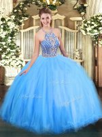 Pretty Sleeveless Floor Length Beading Lace Up Court Dresses for Sweet 16 with Blue