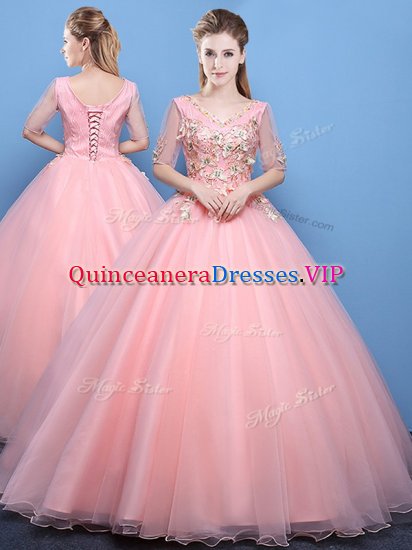 Cute Floor Length Baby Pink Quinceanera Dress Tulle Half Sleeves Appliques - Click Image to Close