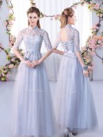 High-neck Half Sleeves Damas Dress Floor Length Lace Grey Tulle