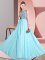 Floor Length Backless Vestidos de Damas Aqua Blue for Wedding Party with Beading and Appliques