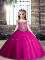 Latest Fuchsia Lace Up Sweetheart Beading Pageant Dress for Girls Tulle Sleeveless