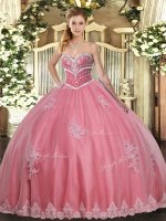 Watermelon Red Lace Up Quince Ball Gowns Beading and Appliques Sleeveless Floor Length(SKU SJQDDT1344002-3BIZ)